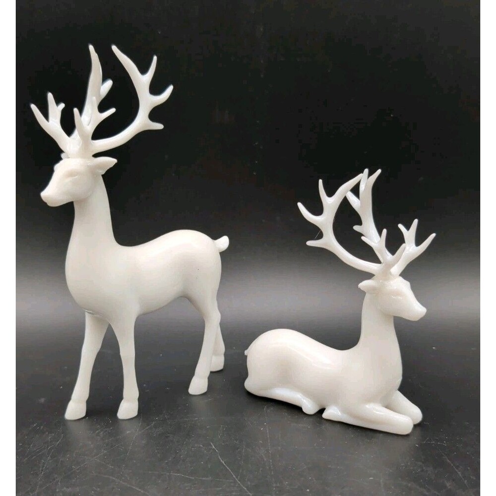 Resin Reindeer Figurines Buck Doe Antlers White Christmas